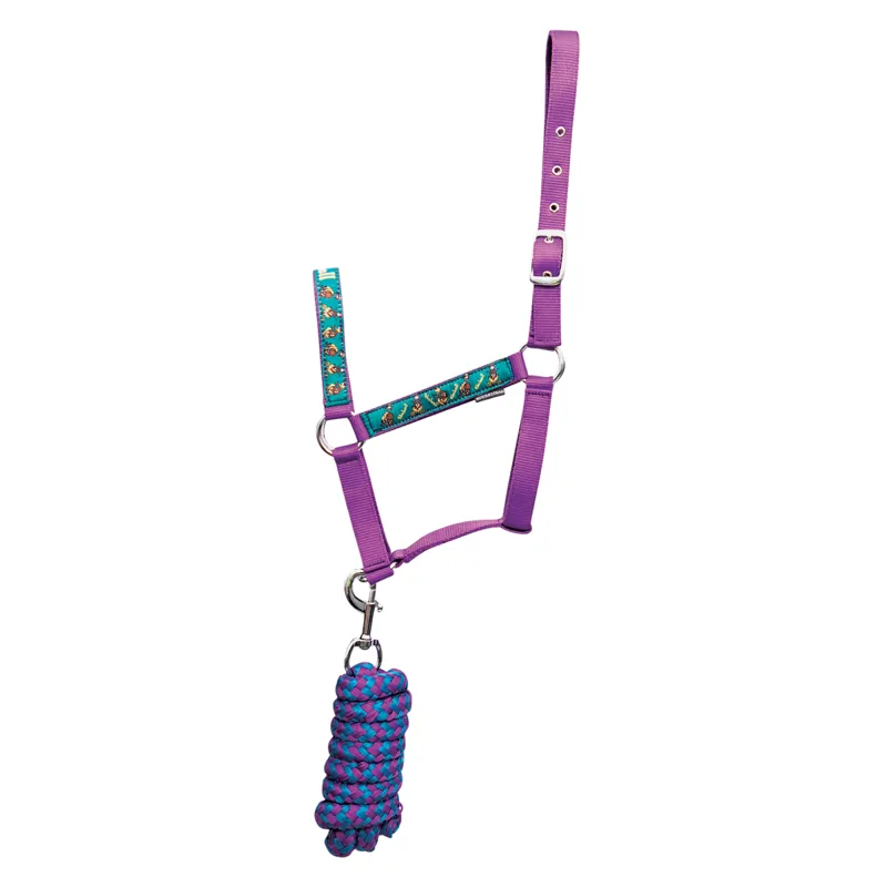 Hy Equestrian Thelwell Collection Pony Friends Headcollar and Leadrope - Imperial Purple/Pacific Blue